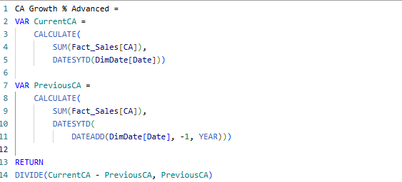 Mesure DAX CA Growth % Advanced